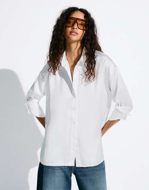 Bershka - Chemise oversize satinée à manches longues - Blanc - view 1