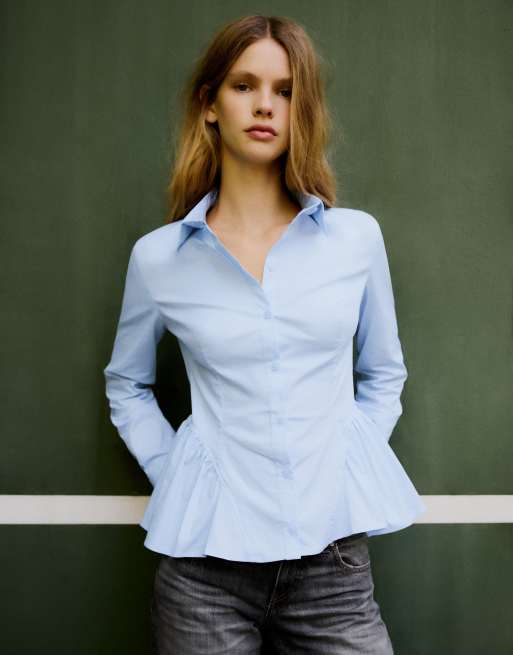 Bershka chemise peplum à manches longues en bleu clair, 2 de 6