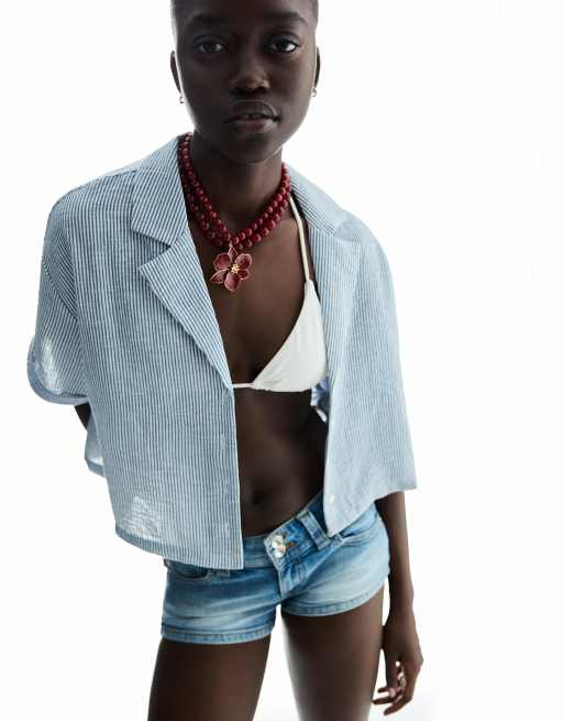 Bershka - Chemise rustique texturée à manches courtes - Bleu