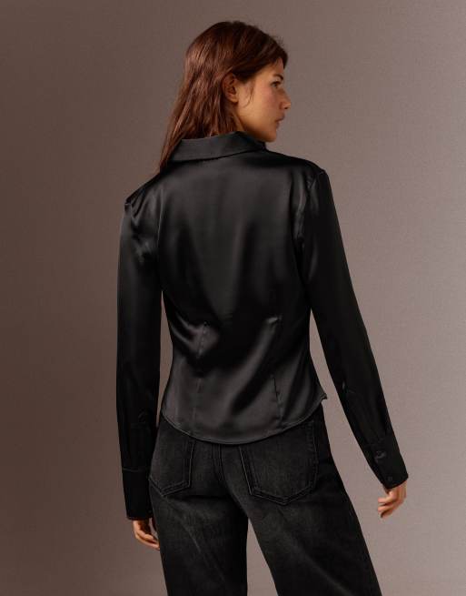 Bershka chemise satinée ajustée à manches longues noire, 3 de 5