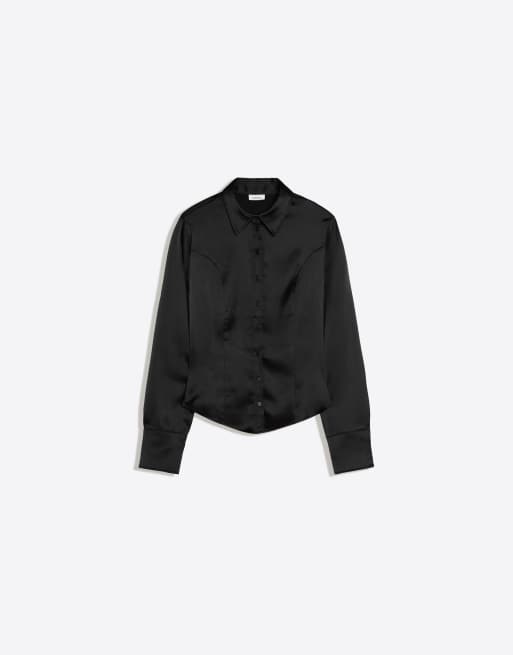 Bershka chemise satinée ajustée à manches longues noire, 5 de 5