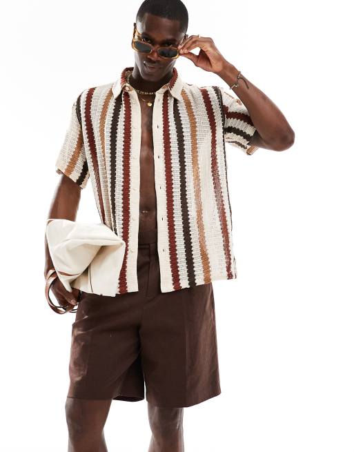 Bershka - Chemise texturée à rayures multicolores - Marron