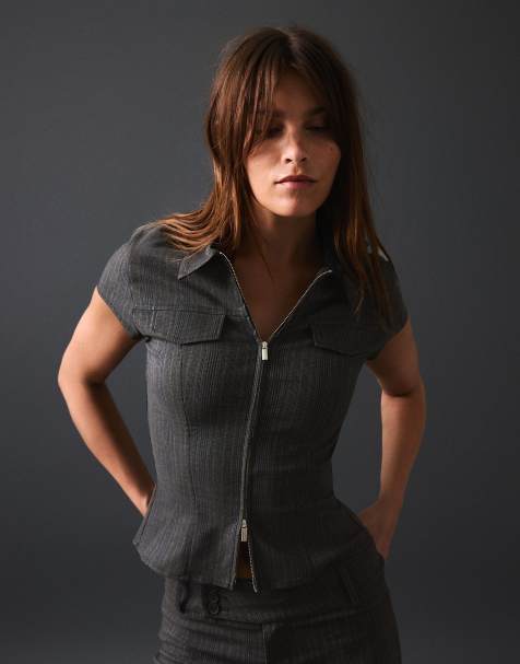 Bershka chemise zippée à manches courtes grise - view 1