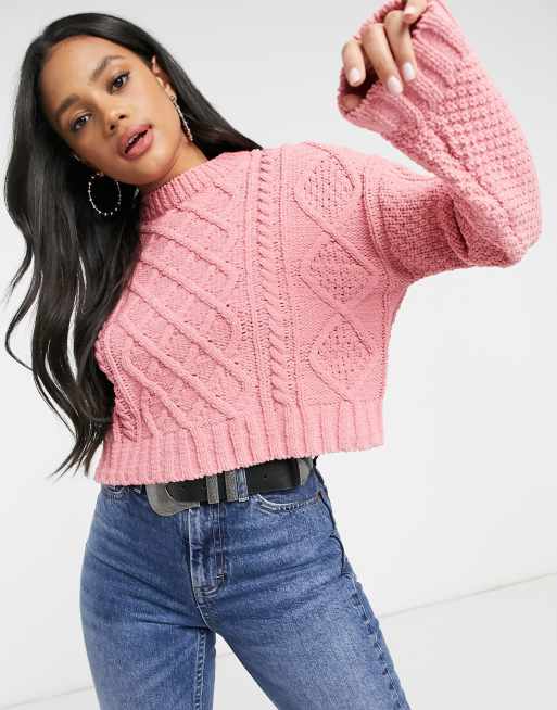 Bershka chenille cable knit jumper in pink