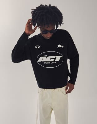 Chenille-Pullover in Schwarz mit Rundhalsausschnitt und Print Schwarz XS