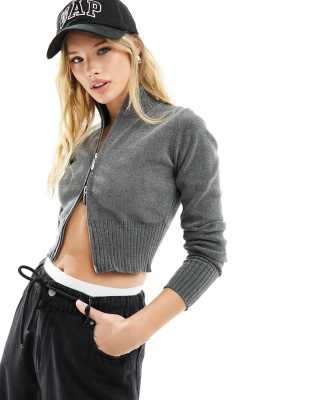 Bershka Chenille Zip Up Cropped Sweater In Charcoal-gray