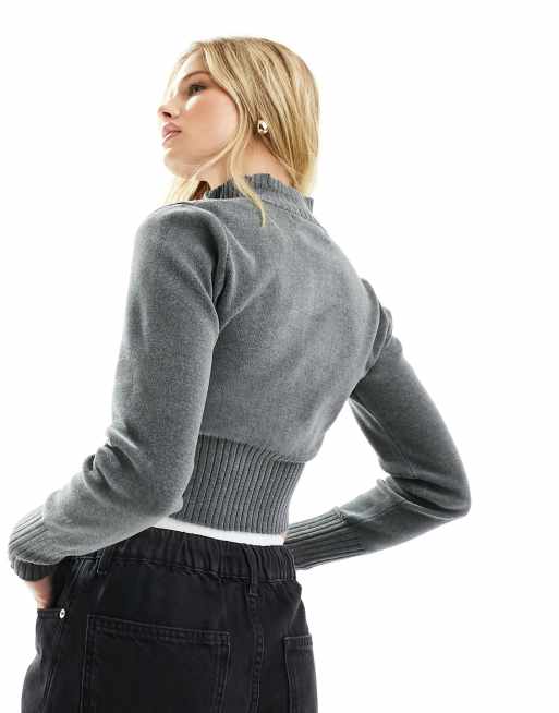 Bershka chenille zip up cropped sweater in charcoal