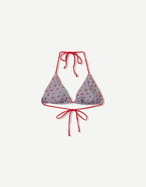 Bershka cherry gingham bikini top in black