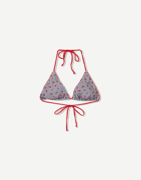 Bershka cherry gingham bikini top in black - view 1