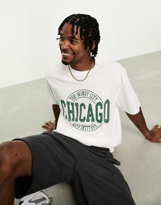 Bershka chicago boxy t-shirt in white - ASOS Price Checker