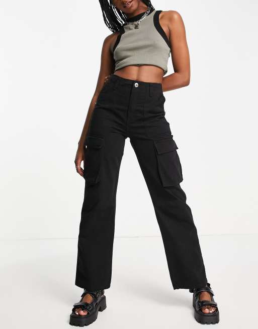 Bershka chino straight leg cargo trouser in black | ASOS