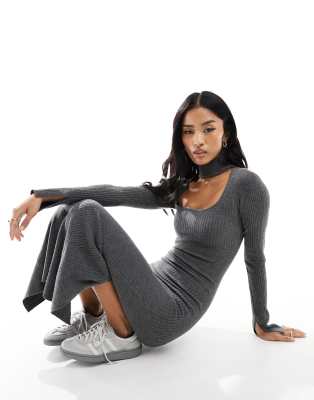 Bershka Choker Neck Knitted Maxi Dress In Charcoal-gray
