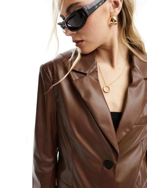 Bershka - Chokoladebrun blazer i imiteret læder, 2 af 4