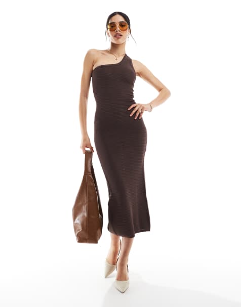 Bershka - Chokoladebrun strikket oneshoulder-maxikjole - view 1