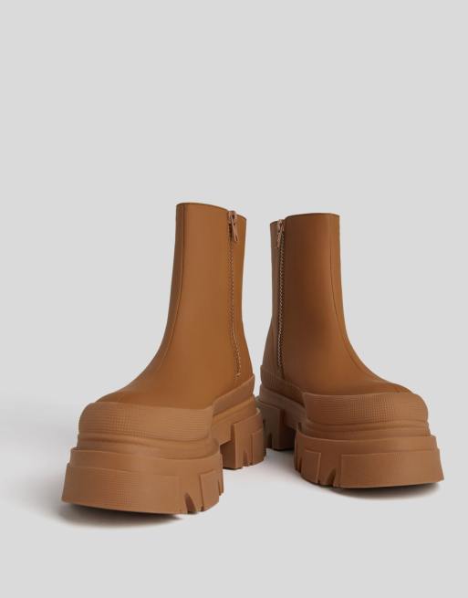 Bershka chunky ankle pull on ankle boots in brown