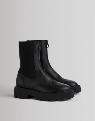 Bershka chunky ankle pull on ankle boots with zip front in black