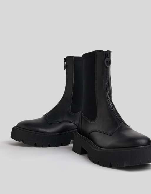 Bershka chunky ankle pull on ankle boots with zip front in black