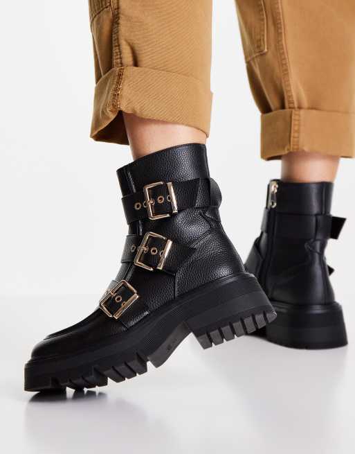 Bershka chunky boot with square toe and buckle detail in black