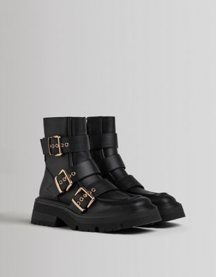 Bershka chunky boot with square toe and buckle detail in black