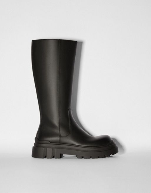 Bershka chunky calf length boot in black | ASOS