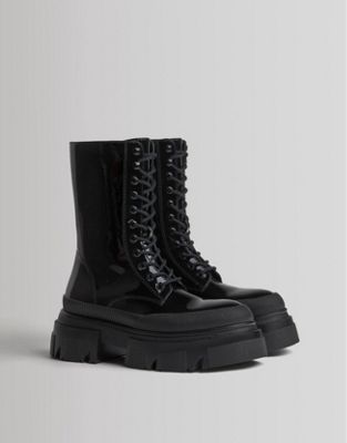 Bershka chunky calf length lace up biker boots in black patent - ASOS Price Checker
