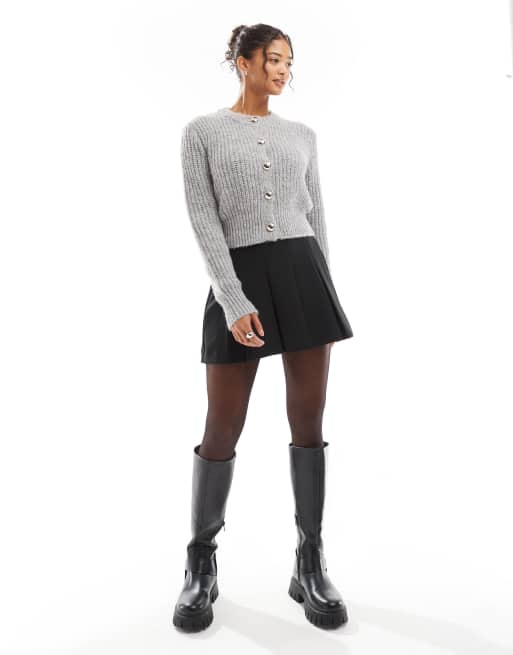 Bershka ダークグレー ニット Bershka fluffy v-neck sweater in gray heather | ASOS