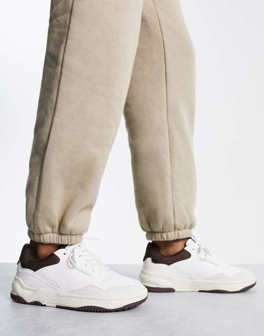 Bershka chunky contrast color detail sneakers in white & brown