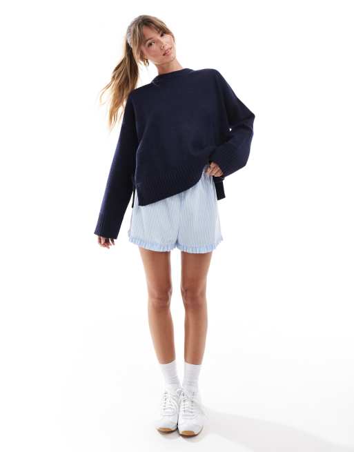 Bershka chunky crew neck sweater in navy