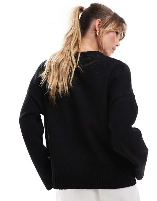 Bershka chunky crew neck sweater in black