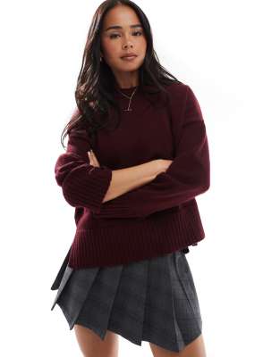Bershka Chunky Crew Neck Sweater In Burgundy-red