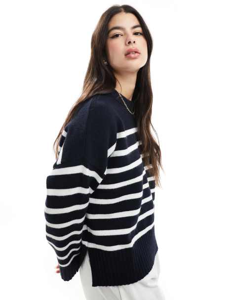 Bershka chunky crew neck sweater in navy & ecru stripe - view 1