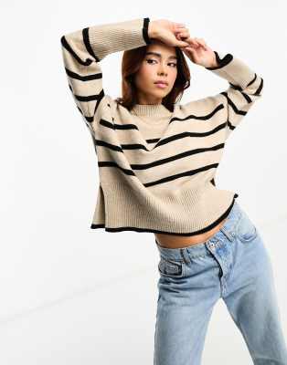 Bershka Chunky Crew Neck Sweater In Sand & Black Stripe