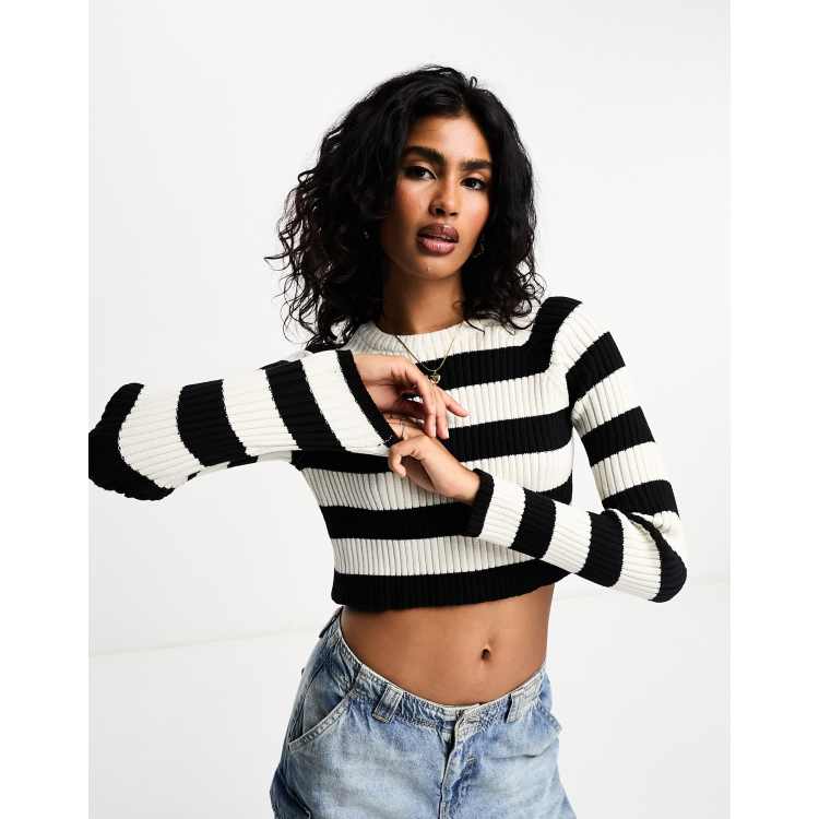 Black Stripe Rib Twist Bust Crop Top, Tops