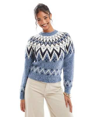 Bershka chunky fair isle jumper in navy