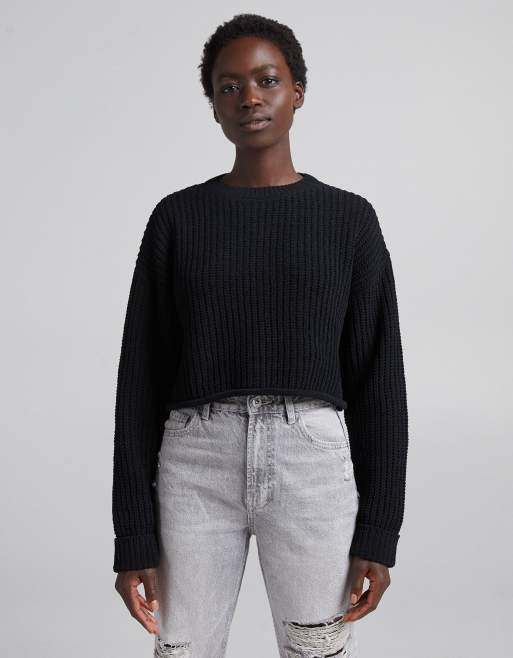 Bershka chunky knit chenille boxy jumper in black | ASOS