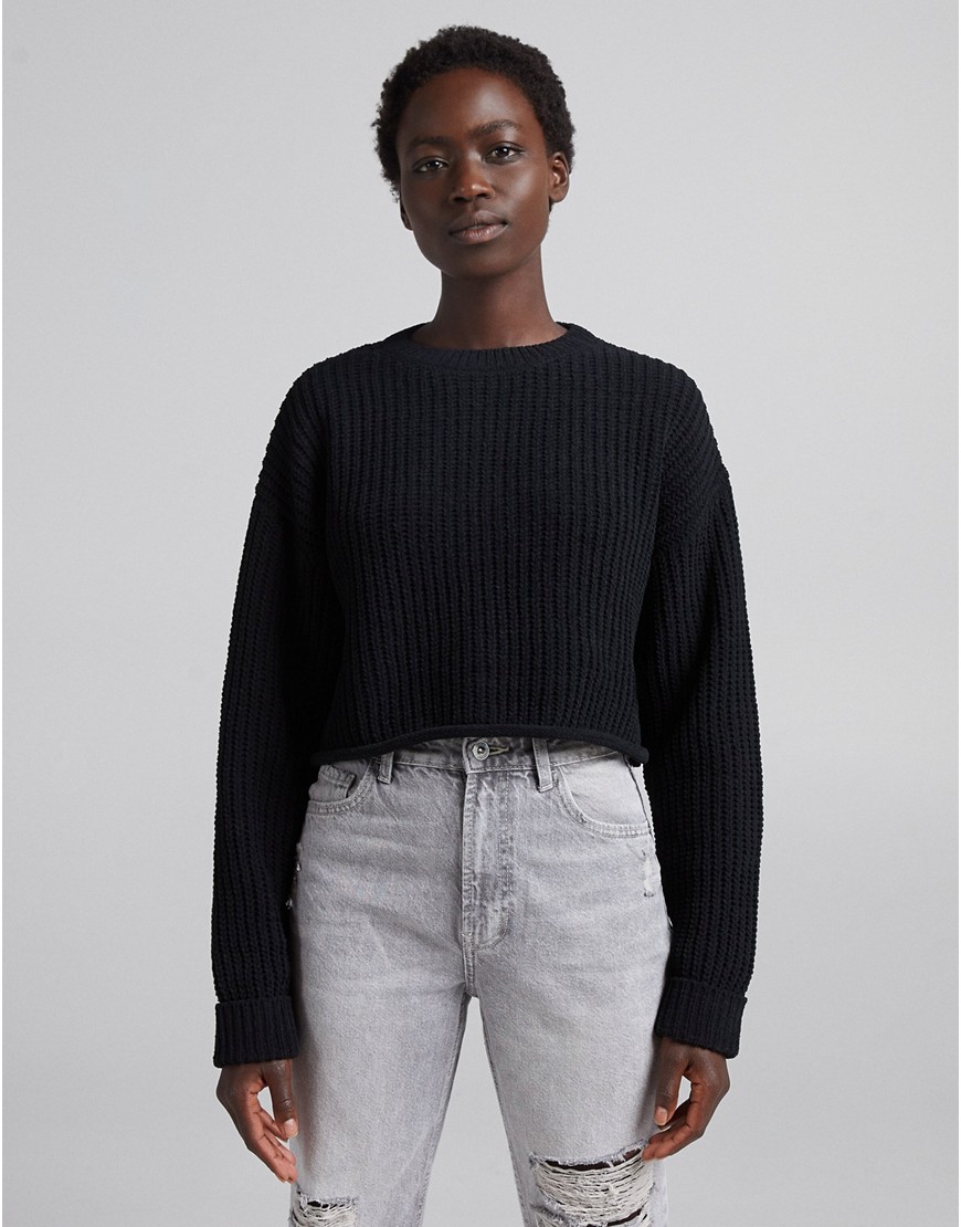 Bershka Chunky Knit Chenille Boxy Sweater In Black | ModeSens