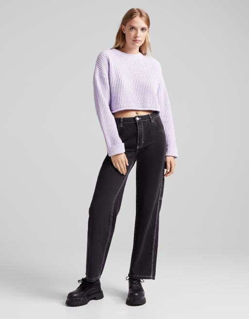 Bershka chunky knit chenille boxy sweater in lilac