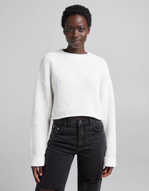 Bershka chunky knit chenille boxy sweater in white