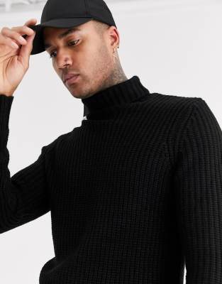 Bershka chunky knitted roll neck jumper in black