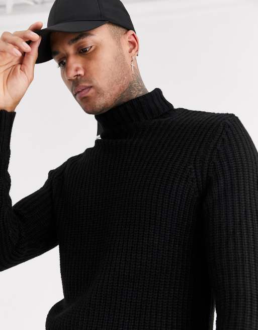 Bershka chunky knitted roll neck jumper in black ASOS