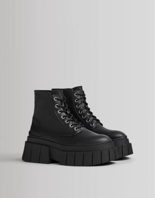 Bershka Chunky Lace Up Biker Boot In Black ModeSens