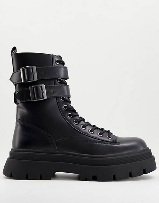 Bershka chunky lace up boots with buckles in black | ASOS