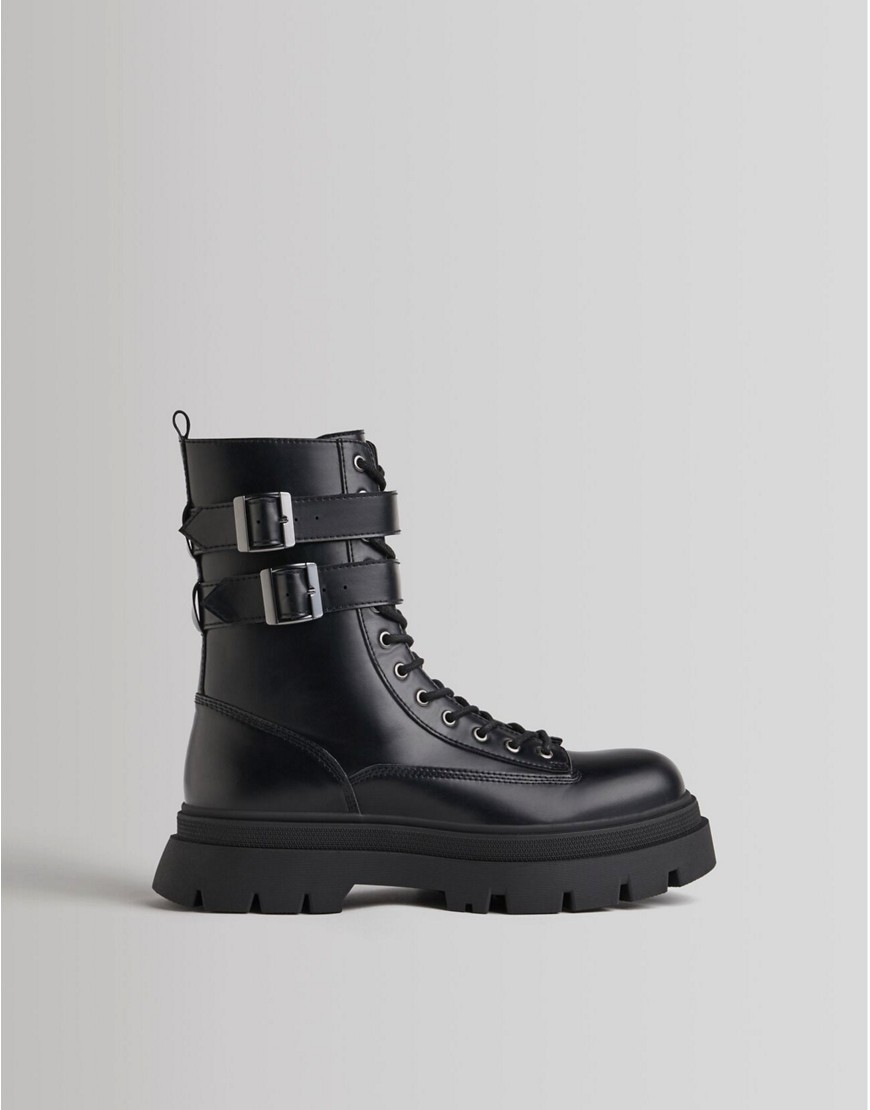 Bershka chunky lace up boots with buckles in black