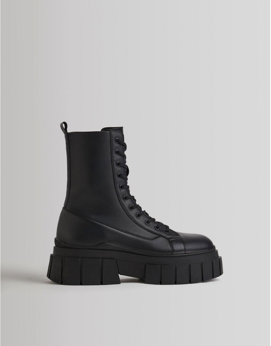 Bershka Chunky Lace Up Boots With Platform In Black