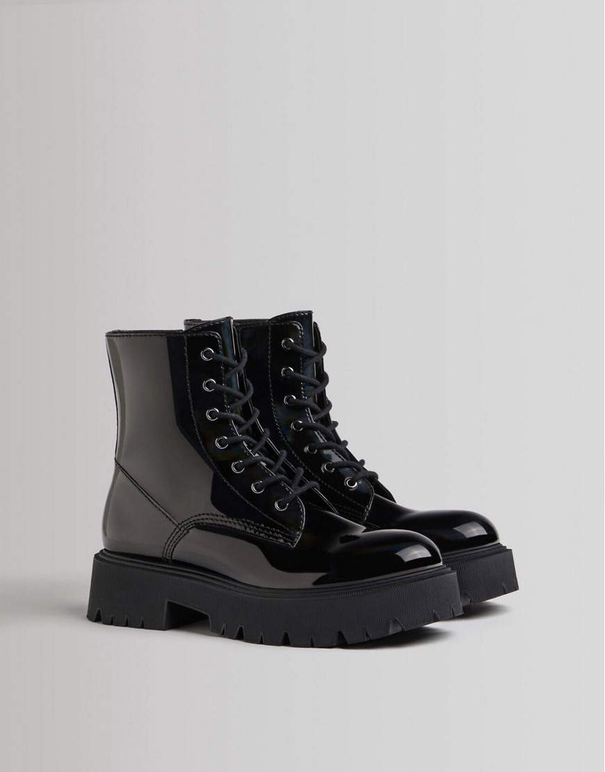 Bershka chunky lace up flat ankle boots in black patent