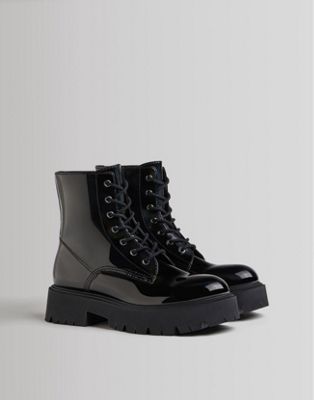 Bershka chunky lace up flat ankle boots in black patent