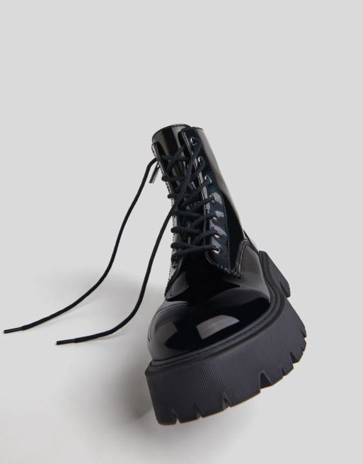 Bershka chunky lace up flat ankle boots in black patent