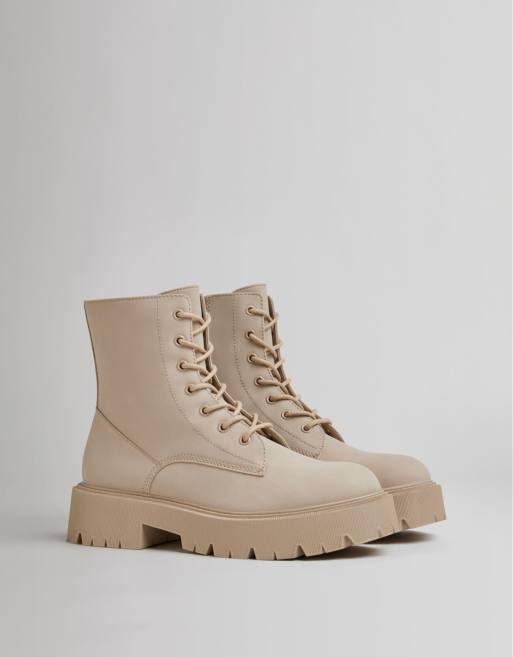 Bershka chunky lace up flat ankle boots in stone | ASOS