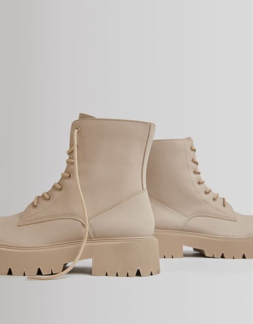 Bershka chunky lace up flat ankle boots in stone | ASOS