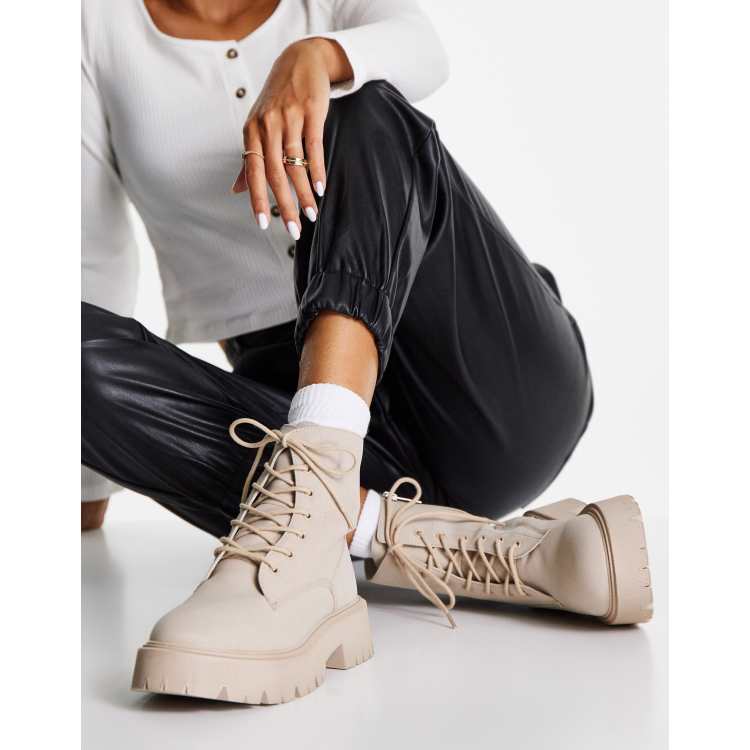 Bershka chunky lace up flat ankle boots in stone